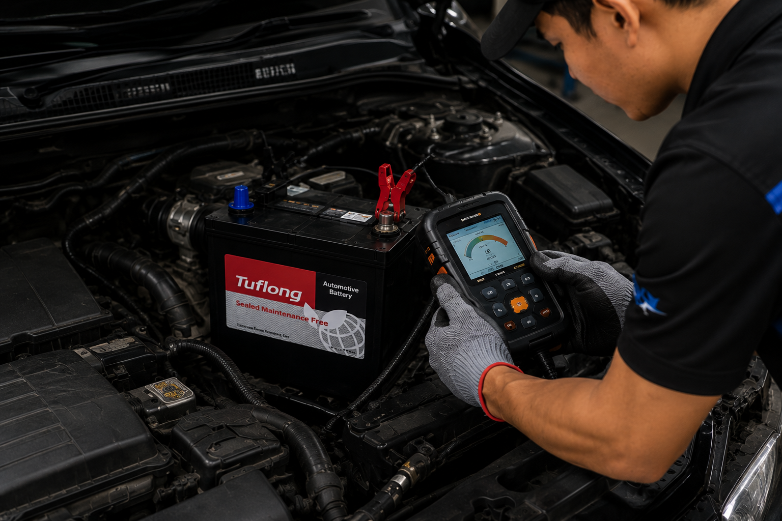 D Tech Autocell technician installing a car battery